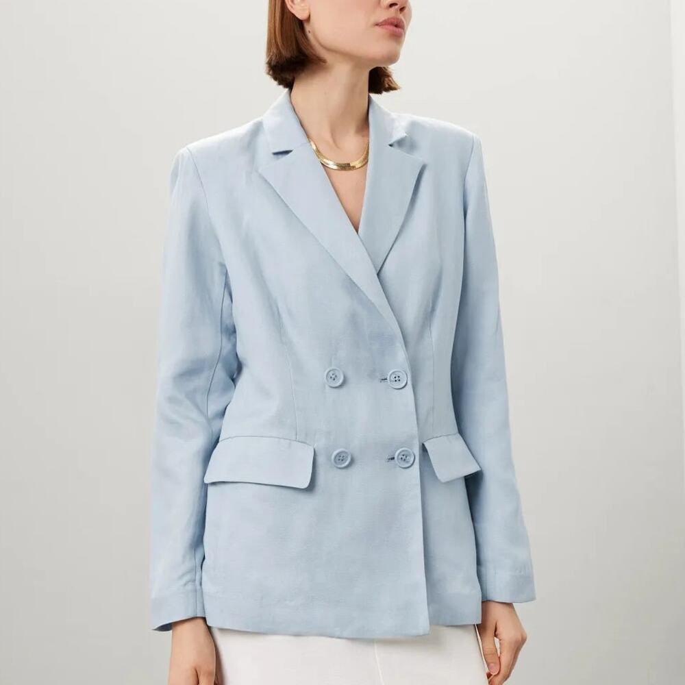 Rosetta Getty Double Breasted Blazer Jacket Long Sleeve Linen Blend Blue 6